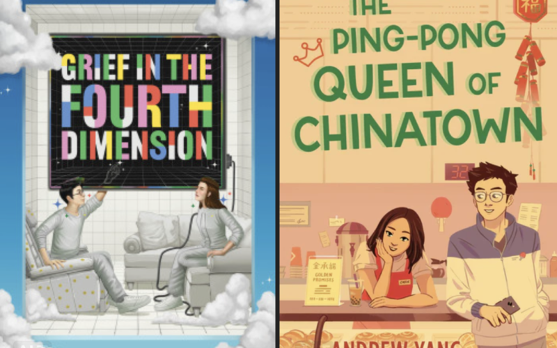 The book covers for Grief in the Fourth Dimension and The Ping-Pong Queen of Chinatown.